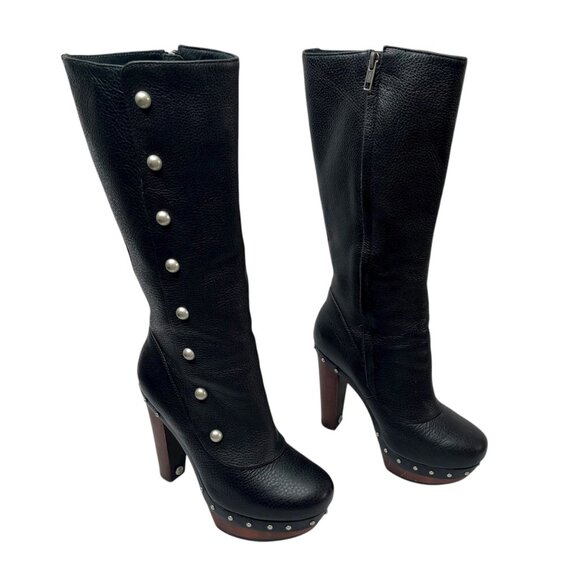 Ugg Womens 7 Cosima Black Leather Knee-High Studded Boots Full Zip 1001615 - Picture 1 of 13